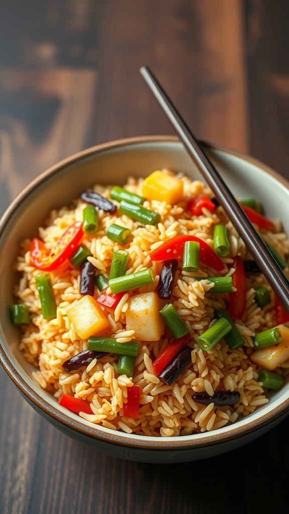 35 Cold Weather Dinner Ideas A bowl of colorful vegetable fried rice with chopsticks