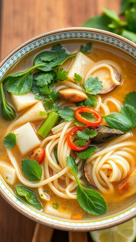 25 Cozy Winter Soups to Warm Your Soul A bowl of vegetarian pho with noodles, topped with fresh herbs and vegetables.