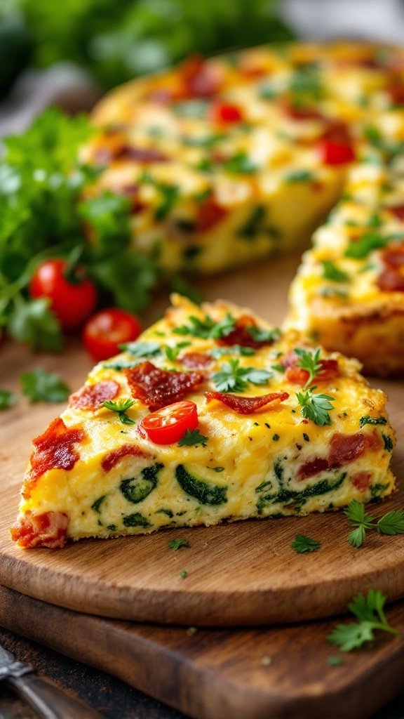 15 Easy Keto Breakfast Ideas for a Delicious Start to Your Day A slice of zucchini and bacon frittata on a wooden board, garnished with fresh herbs and cherry tomatoes.