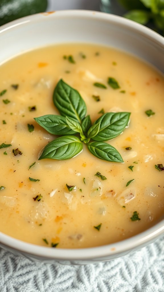 25 Cozy Winter Soups to Warm Your Soul A bowl of creamy zucchini and basil soup garnished with fresh basil leaves.