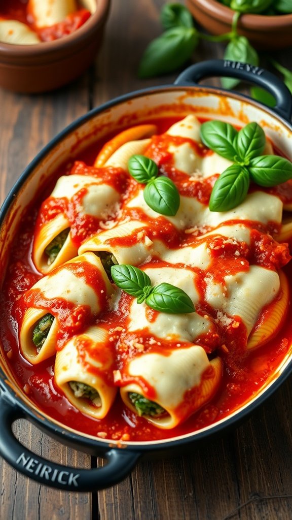 Delicious Ricotta and Spinach Stuffed Shells Recipe Ricotta and Spinach Stuffed Shells in marinara sauce topped with melted mozzarella and fresh basil.