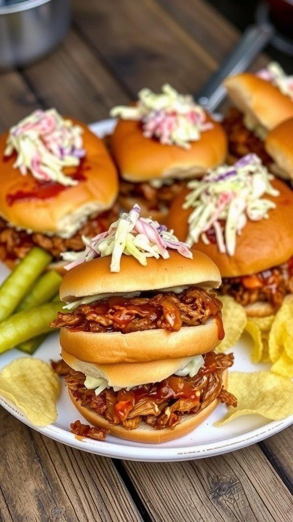 Savory Easy BBQ Pulled Pork Sandwiches Delicious pulled pork sandwiches with barbecue sauce and coleslaw on soft buns, served with pickles and chips.