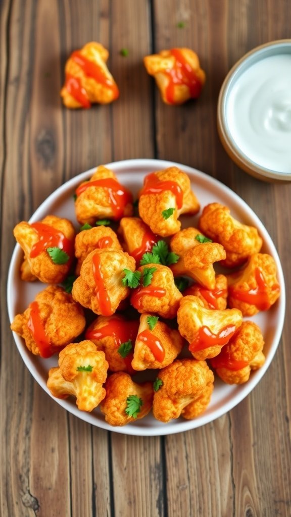 Spicy and Crunchy Easy Buffalo Cauliflower Bites Recipe Crispy buffalo cauliflower bites drizzled with sauce and garnished with parsley, served with ranch dressing on a rustic table.