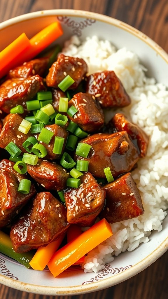 Quick and Tasty Korean Beef Bowls Recipe Korean beef bowls with rice, green onions, and sesame seeds, surrounded by colorful vegetables.