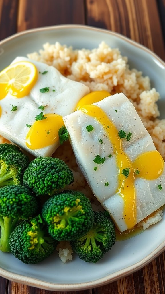 Simple and Flavorful Lemon Butter Cod Recipe Lemon butter cod fillets garnished with parsley on a plate with broccoli and rice on a rustic table.