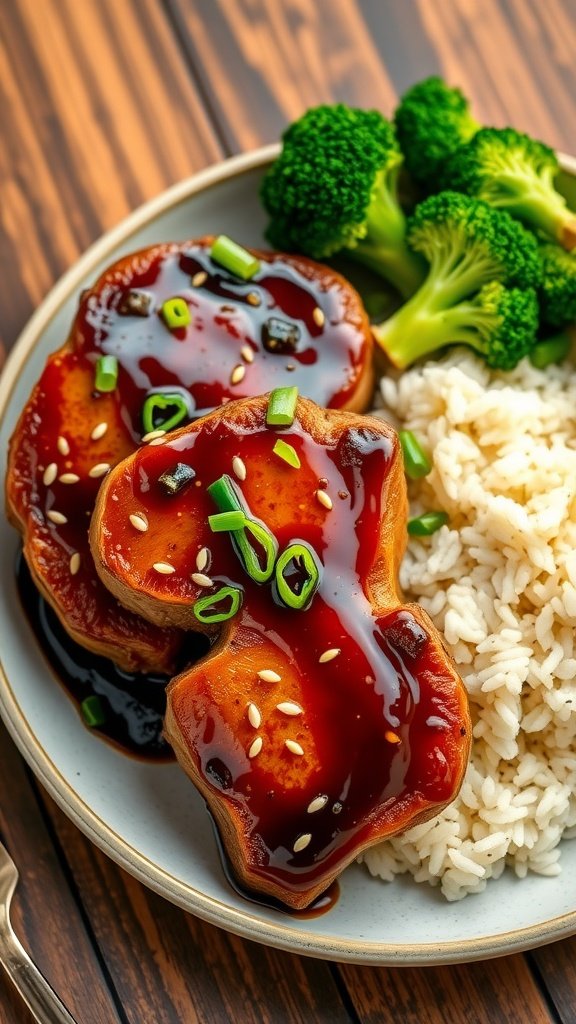 Simple Teriyaki Glazed Pork Chops Recipe Teriyaki glazed pork chops garnished with sesame seeds and green onions, served with rice and broccoli on a rustic table.