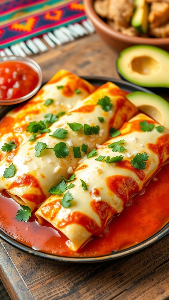 Classic Chicken Enchiladas Recipe Plate of Chicken Enchiladas topped with cheese and cilantro, surrounded by salsa and avocado.
