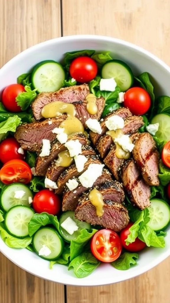 Zesty Easy Grilled Steak Salad Recipe A colorful grilled steak salad with mixed greens, cherry tomatoes, cucumbers, and feta cheese on a rustic table.