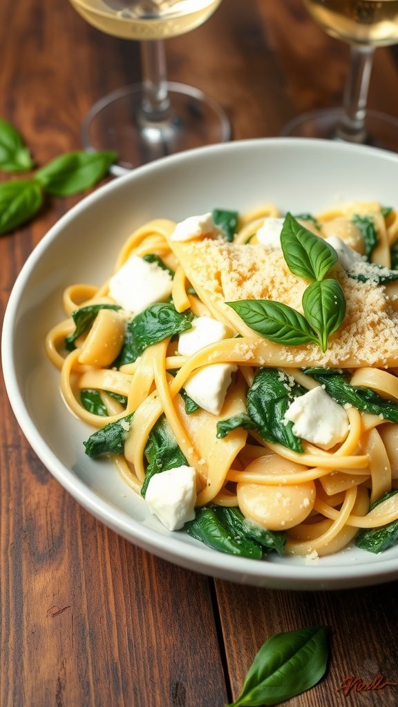 Creamy Spinach Artichoke Pasta Recipe Creamy spinach artichoke pasta topped with mozzarella and basil, served in a rustic setting.