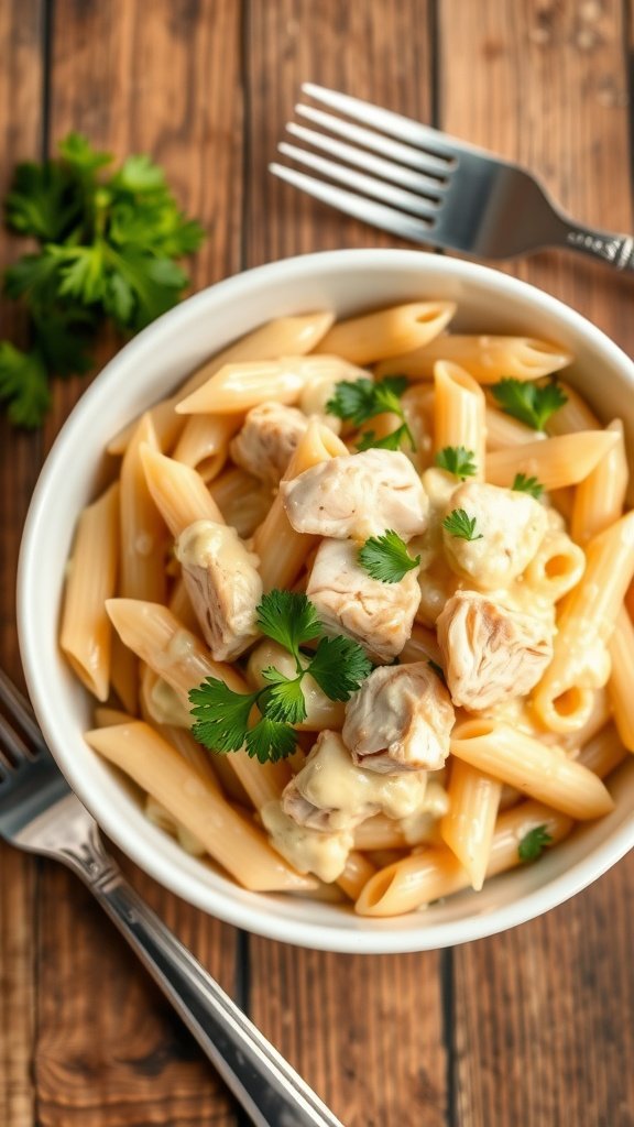 Creamy White Cheddar Chicken Pasta Creamy white cheddar chicken pasta with chicken pieces and parsley garnish on a rustic table.