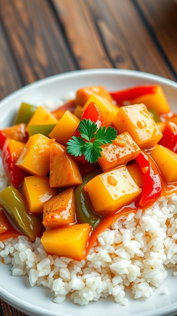 Quick and Easy Sweet and Sour Chicken Recipe Sweet and sour chicken with bell peppers and pineapple on rice, garnished with parsley.