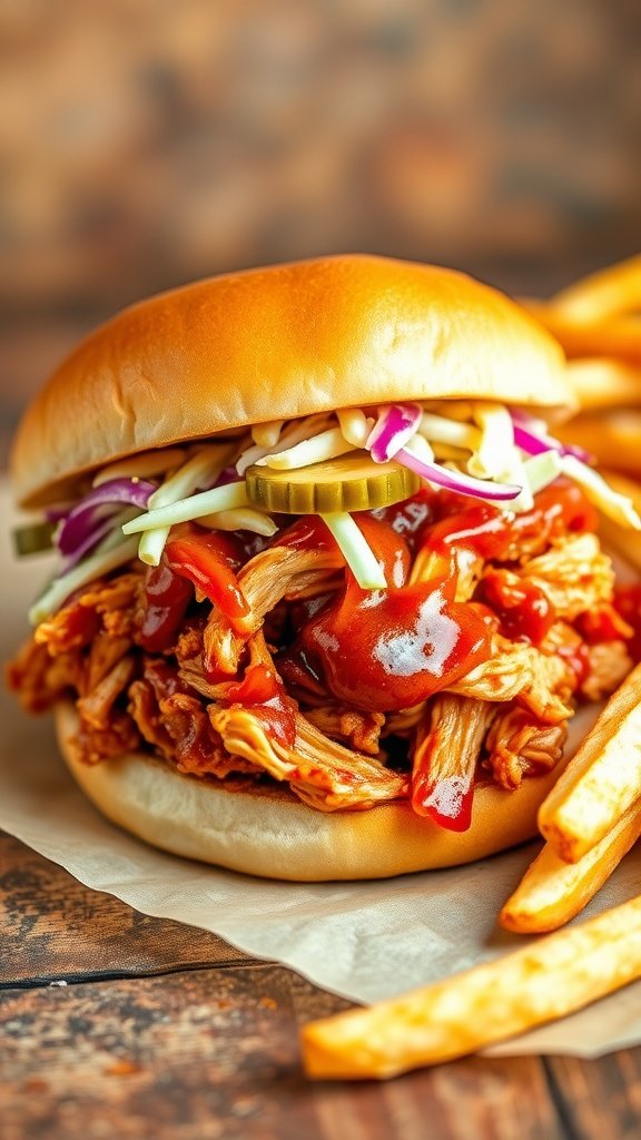 Savory Pulled Chicken Sandwich Recipe A savory pulled chicken sandwich with barbecue sauce, coleslaw, and pickles, served with fries.