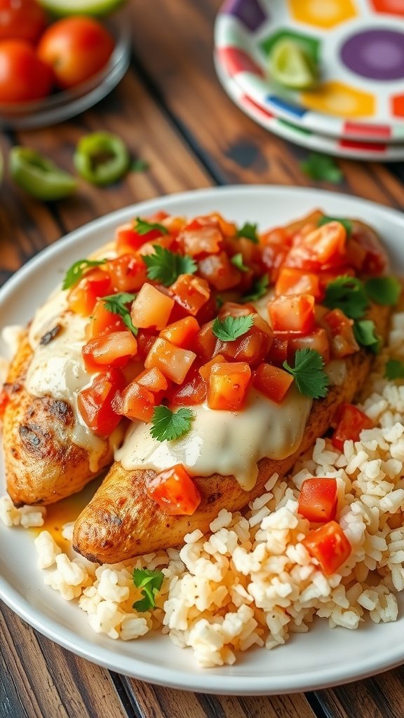 Zesty Salsa Chicken Bake Recipe Baked Salsa Chicken with melted cheese and fresh cilantro on a plate with rice.