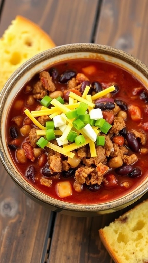 Hearty Easy Crockpot Chili Recipe A bowl of hearty chili with ground meat and beans, topped with cheese and green onions, alongside cornbread.