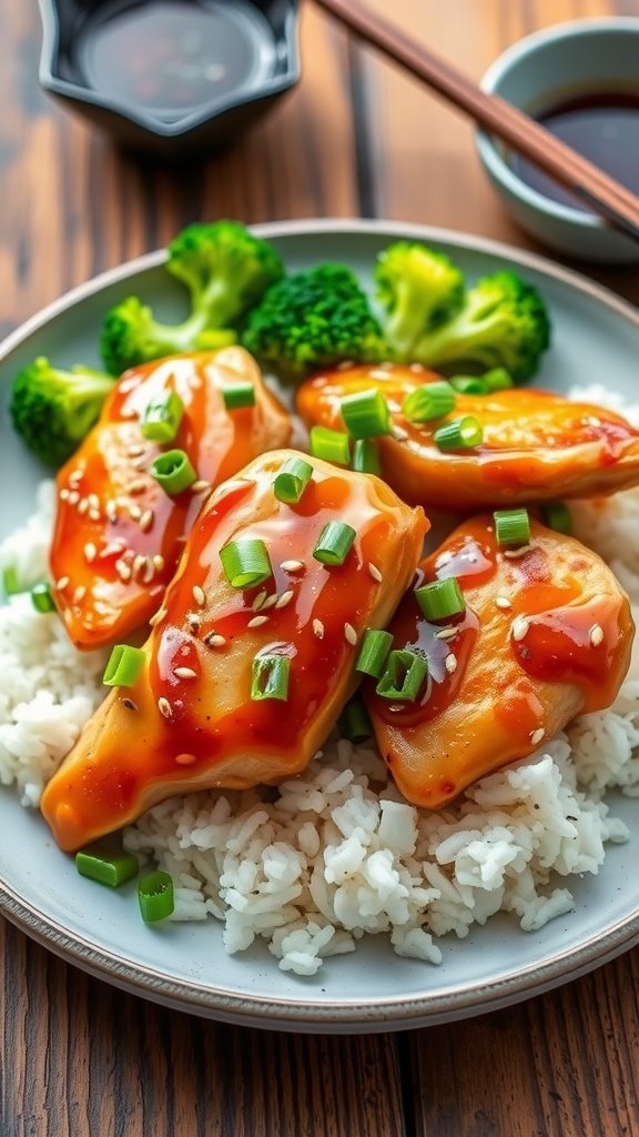 Easy Honey Garlic Chicken Recipe A plate of honey garlic chicken with rice and broccoli, garnished with green onions and sesame seeds.