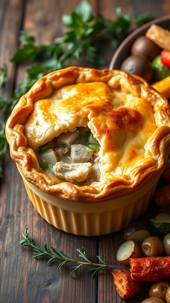 Comforting Easy Turkey Pot Pie Recipe A freshly baked turkey pot pie with a flaky crust, filled with turkey and vegetables, on a wooden table.