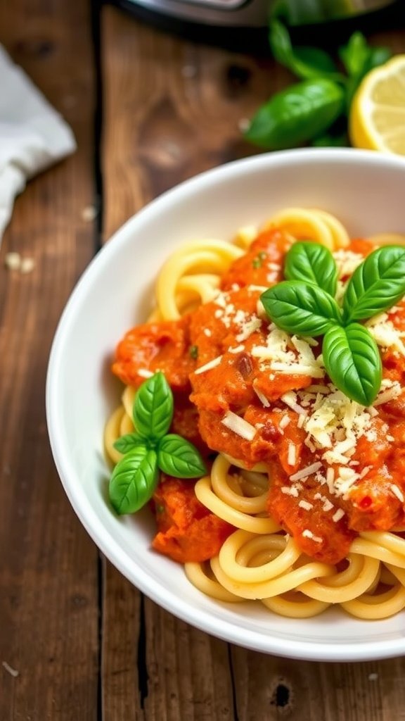 Instant Pot Creamy Tomato Pasta Recipe Close-up of creamy tomato pasta with basil and Parmesan on a rustic wooden table.