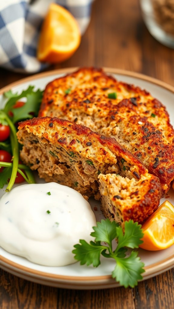 35 Best Meatloaf Recipes to Satisfy Your Cravings A plate of Buffalo Cauliflower Meatloaf served with ranch dressing and garnished with fresh herbs.