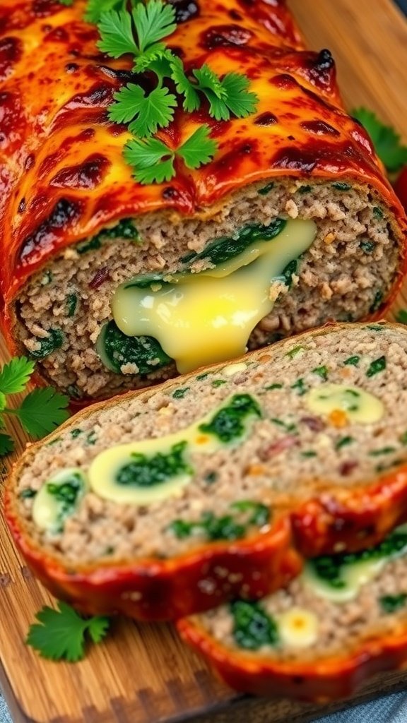 35 Best Meatloaf Recipes to Satisfy Your Cravings Delicious cheesy meatloaf with spinach, showing melted cheese and vibrant greens
