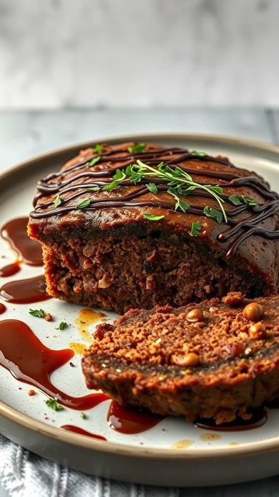 35 Best Meatloaf Recipes to Satisfy Your Cravings Delicious chocolate chipotle meatloaf garnished with herbs.