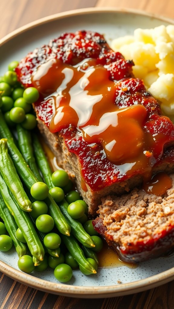 35 Best Meatloaf Recipes to Satisfy Your Cravings A delicious slice of honey garlic meatloaf served with green beans, peas, and mashed potatoes.