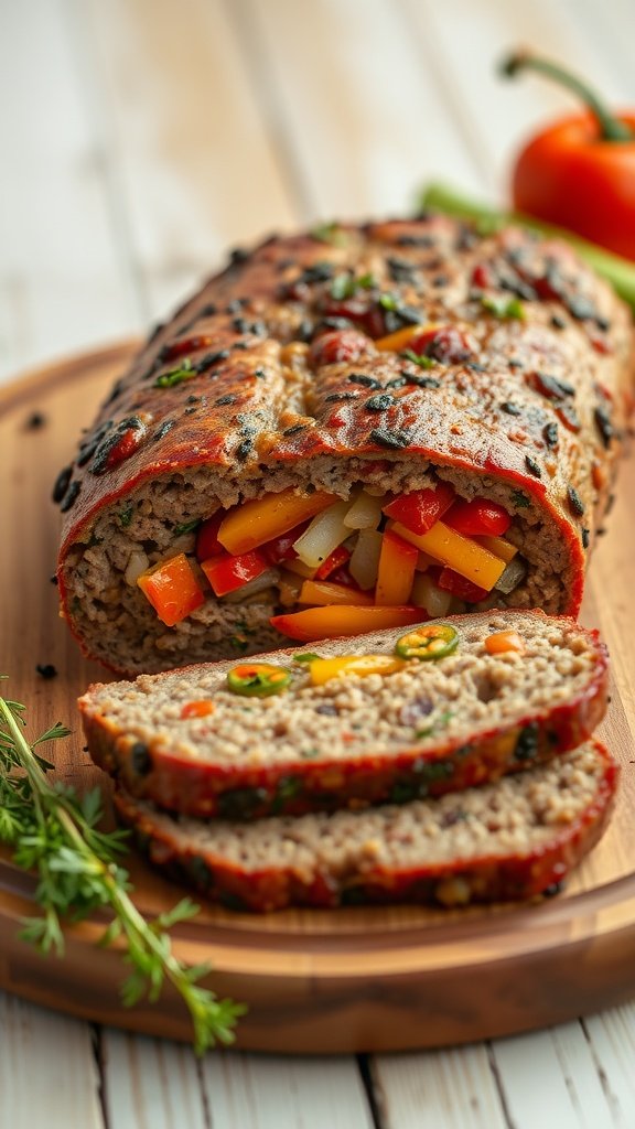 35 Best Meatloaf Recipes to Satisfy Your Cravings A beautifully shaped meatloaf stuffed with colorful peppers and onions, sliced to reveal the filling.