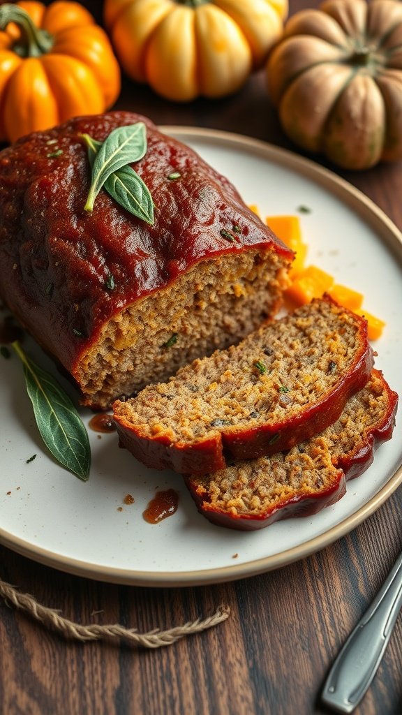 35 Best Meatloaf Recipes to Satisfy Your Cravings A delicious pumpkin and sage meatloaf served on a plate, garnished with fresh sage leaves.