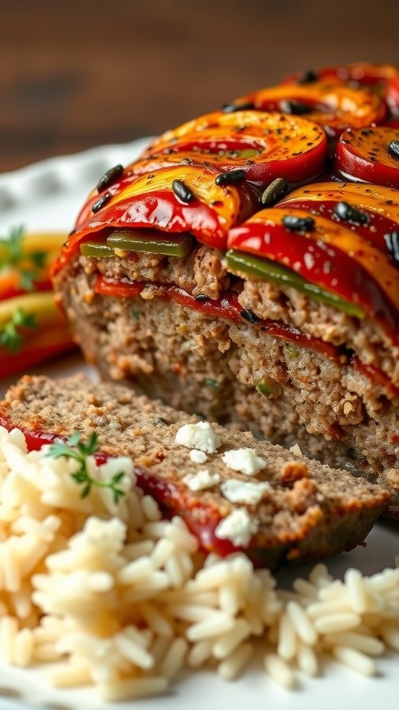 35 Best Meatloaf Recipes to Satisfy Your Cravings A slice of ratatouille meatloaf served with a side of rice.