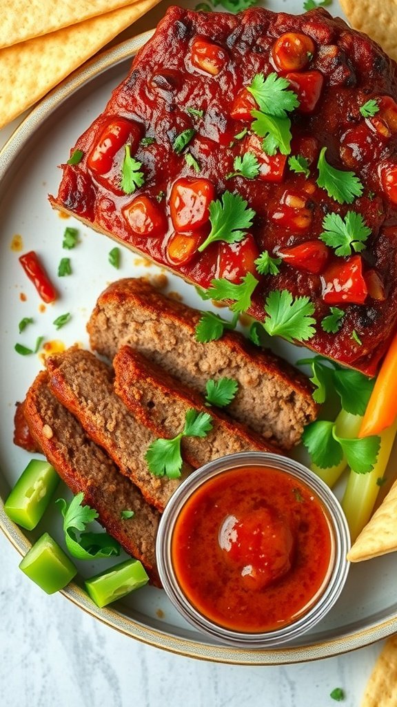 35 Best Meatloaf Recipes to Satisfy Your Cravings A delicious plate of Smoky Chipotle Meatloaf with slices, served with sauce and garnished.