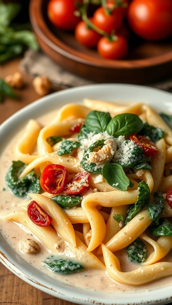Creamy Tuscan Chicken Pasta Recipe A bowl of creamy Tuscan chicken pasta with spinach and sun-dried tomatoes, garnished with Parmesan cheese.