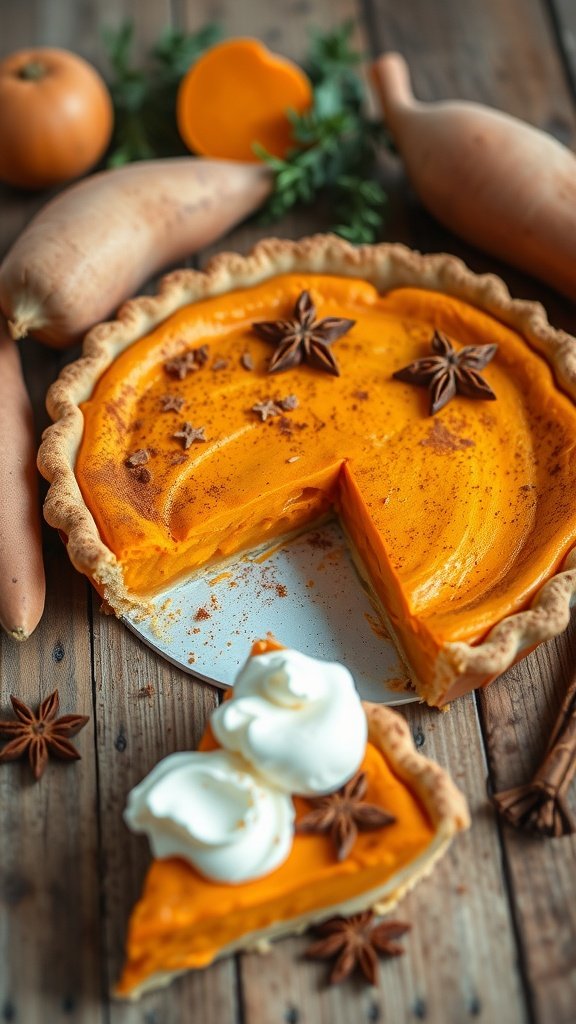Classic Southern Sweet Potato Pie Recipe Sweet potato pie on a table with a slice cut out, revealing the creamy filling and a sprinkle of cinnamon on top.