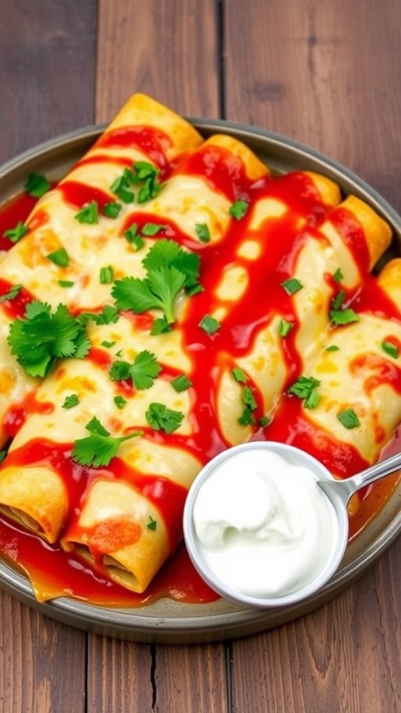 Savory Chicken Enchiladas with Homemade Sauce A delicious plate of chicken enchiladas with cheese and sauce, garnished with cilantro on a rustic table.