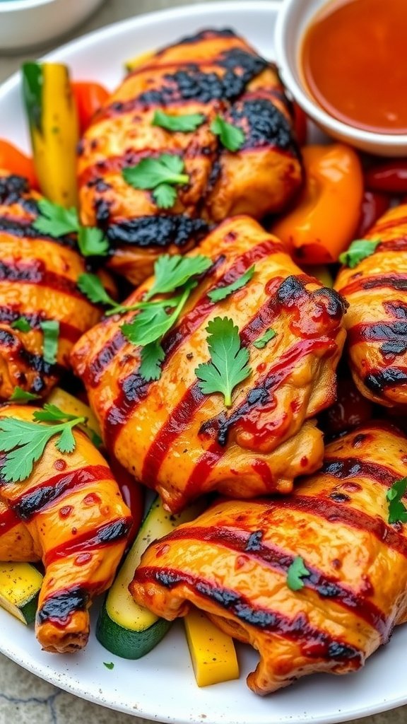 Spicy Grilled Peri-Peri Chicken Recipe Grilled Peri-Peri chicken on a plate with vegetables and a bowl of sauce.