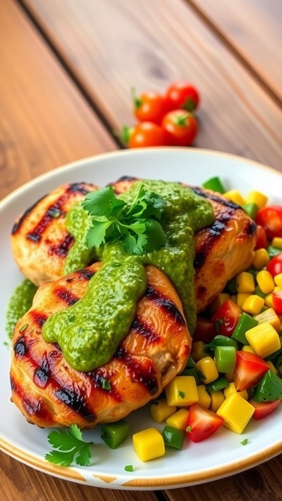 Savory Peruvian-Style Chicken with Zesty Green Sauce Recipe Grilled Peruvian-Style Chicken with zesty green sauce, garnished with cilantro, served with a fresh salad.