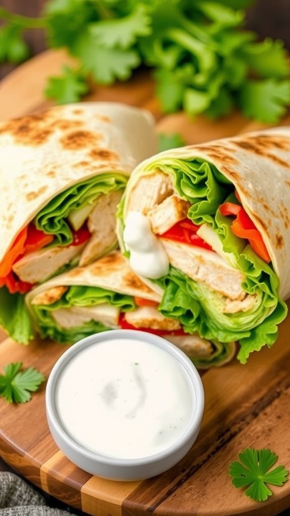 Delicious Chicken Caesar Wraps for a Quick Meal Chicken Caesar Wrap filled with lettuce and chicken, cut in half on a wooden board with dressing on the side.