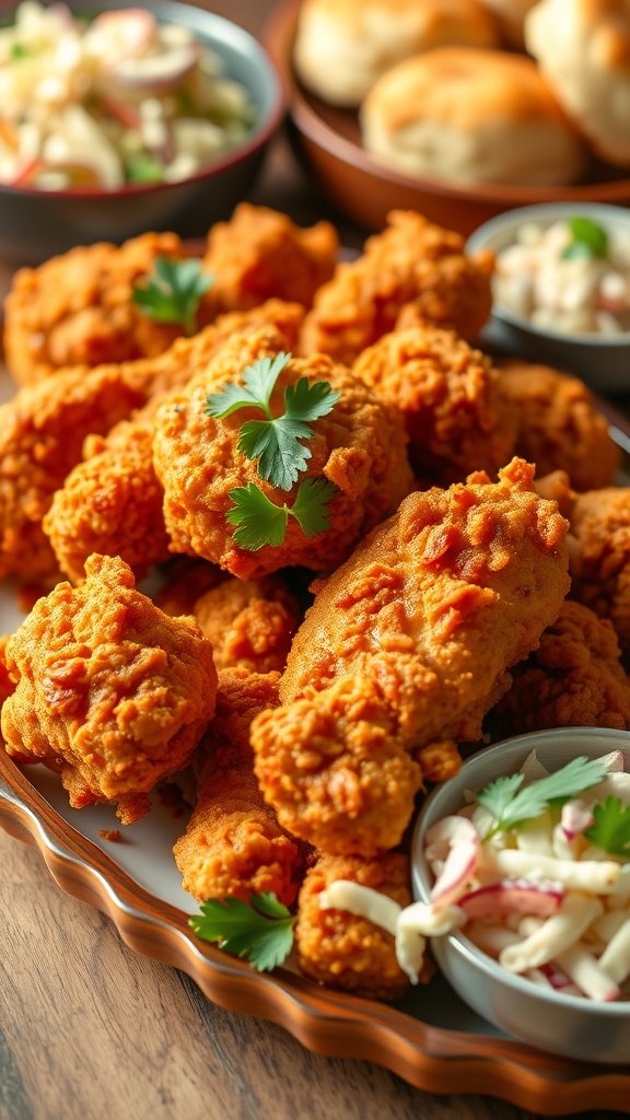 Crispy Southern Fried Chicken Recipe A platter of crispy Southern fried chicken garnished with parsley, served with coleslaw and biscuits.