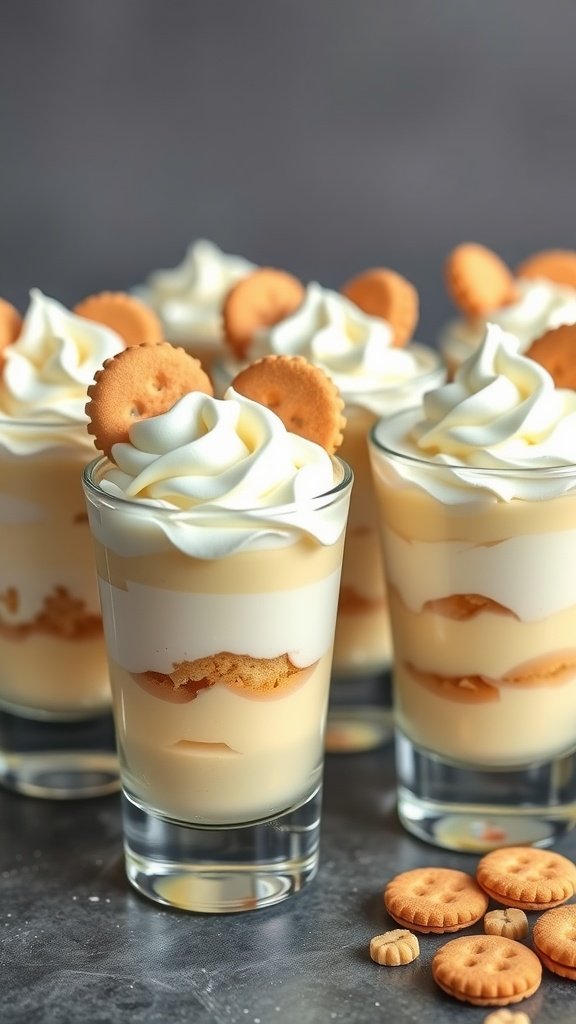 29 Irresistible Mini Desserts Perfect for Any Party Delicious banana pudding shooters served in small cups with layers of banana pudding, whipped cream, and vanilla wafers