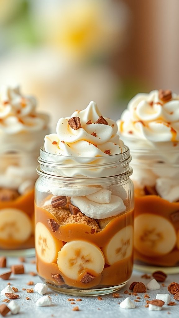 29 Delightful Mini Desserts Perfect for Weddings Delicious Banoffee Pie Jars layered with bananas, toffee, and whipped cream