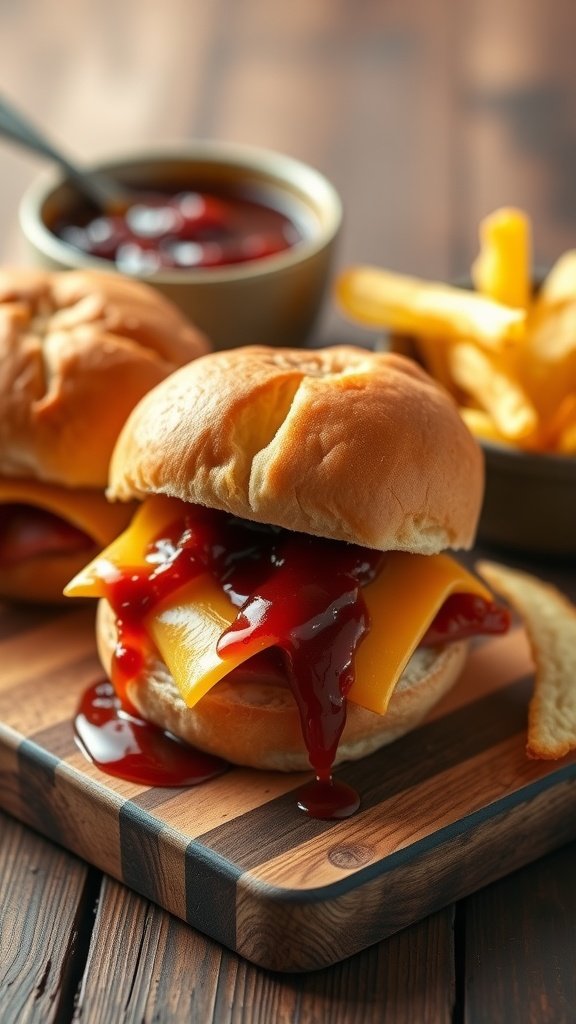 35 Irresistible Ham and Cheese Slider Recipes You’ll Love Delicious BBQ ham and cheese sliders on a wooden board with BBQ sauce