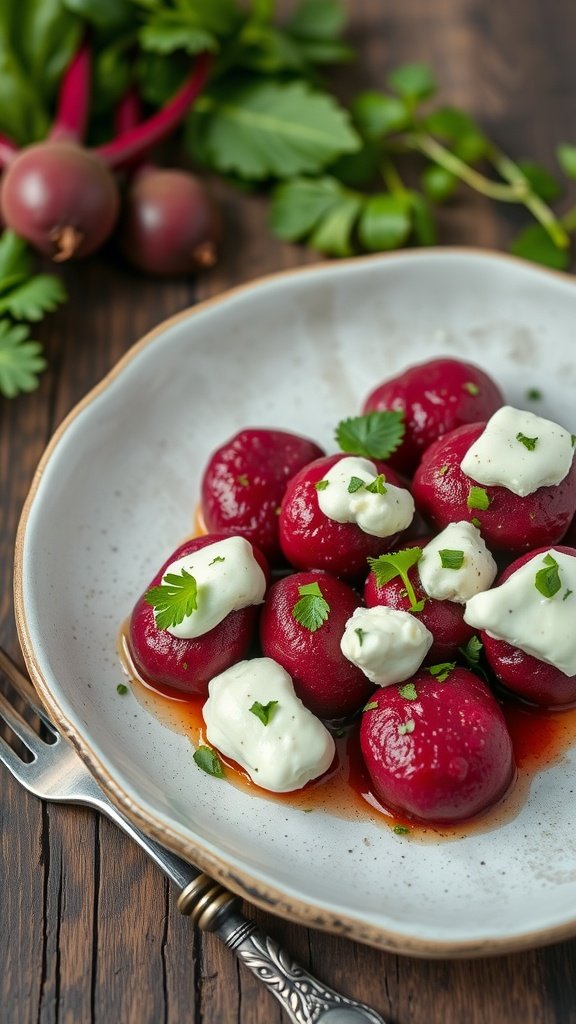 35 Delectable Gnocchi Recipes to Satisfy Your Cravings A plate of beet gnocchi topped with goat cheese and fresh herbs.