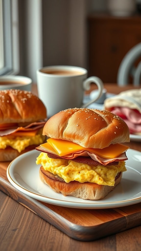35 Irresistible Ham and Cheese Slider Recipes You’ll Love Breakfast ham and cheese sliders on a plate with a cup of coffee
