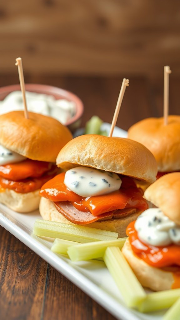 35 Irresistible Ham and Cheese Slider Recipes You’ll Love Buffalo ham sliders on a serving platter with celery sticks and dressing