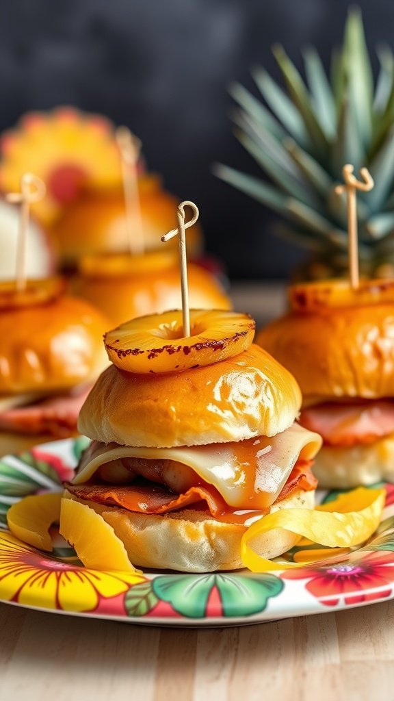 35 Irresistible Ham and Cheese Slider Recipes You’ll Love Delicious caramelized pineapple ham sliders on a colorful plate.
