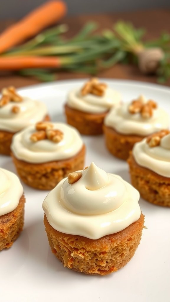 29 Delightful Mini Desserts Perfect for Weddings Carrot cake bites topped with cream cheese frosting and walnuts