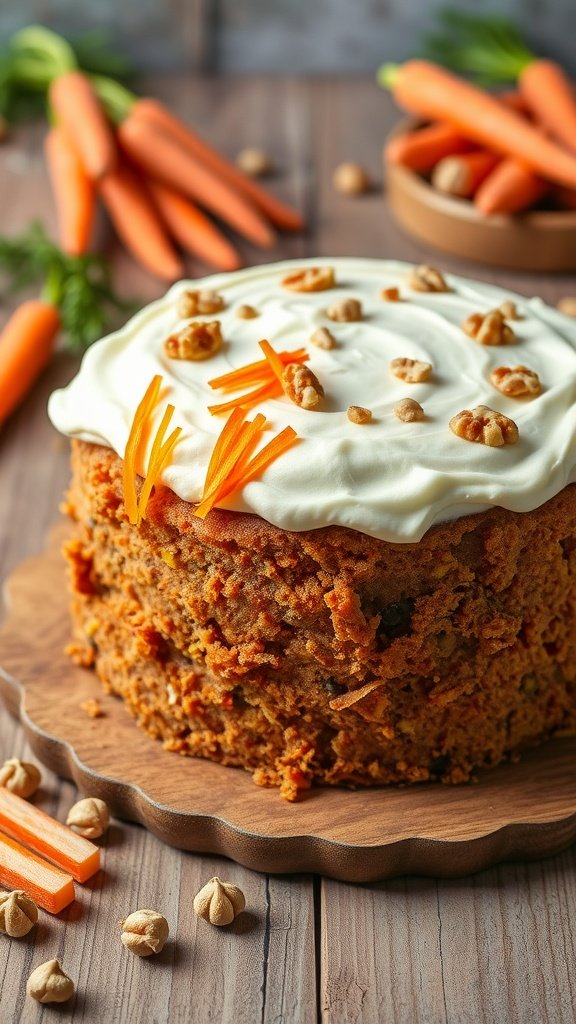 27 Delightful Easter Cake Ideas to Celebrate Spring A beautifully decorated carrot cake with cream cheese frosting and garnished with carrot shavings and walnuts.