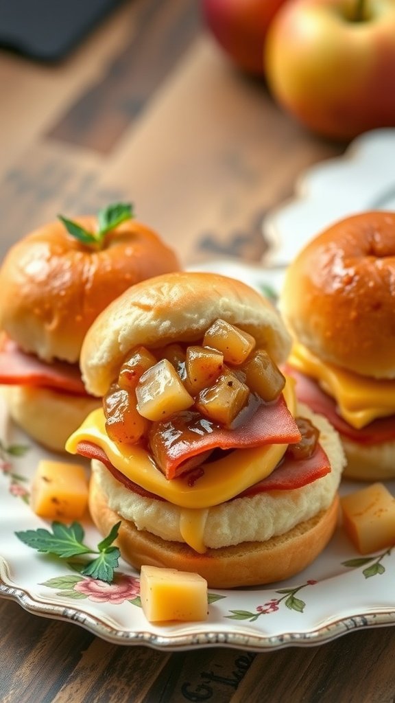35 Irresistible Ham and Cheese Slider Recipes You’ll Love Cheddar and ham sliders topped with apple chutney on a decorative plate.