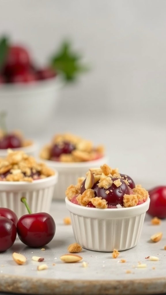29 Delightful Mini Desserts Perfect for Weddings Delicious Cherry Almond Crumble Bites served in small cups, garnished with almonds and cherries.