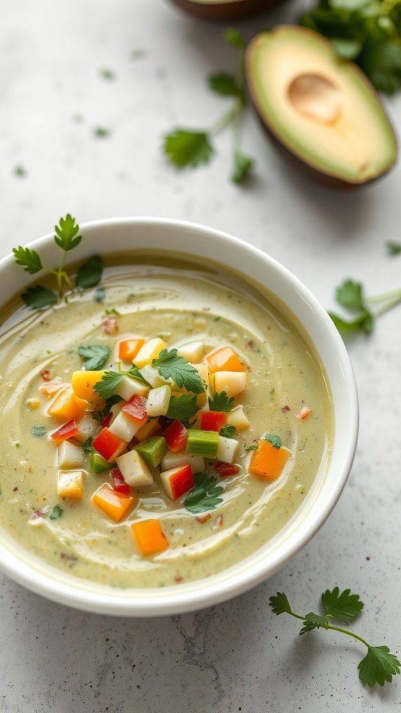 35 Delicious Salad Recipes You Need to Try Chilled Avocado Soup Salad in a white bowl topped with diced vegetables and cilantro.