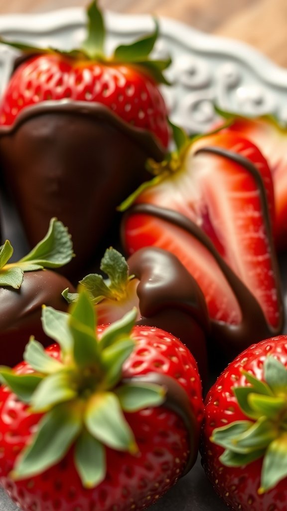 29 Irresistible Mini Desserts Perfect for Any Party A close-up of chocolate-dipped strawberries, showcasing their shiny chocolate coating and fresh green tops.