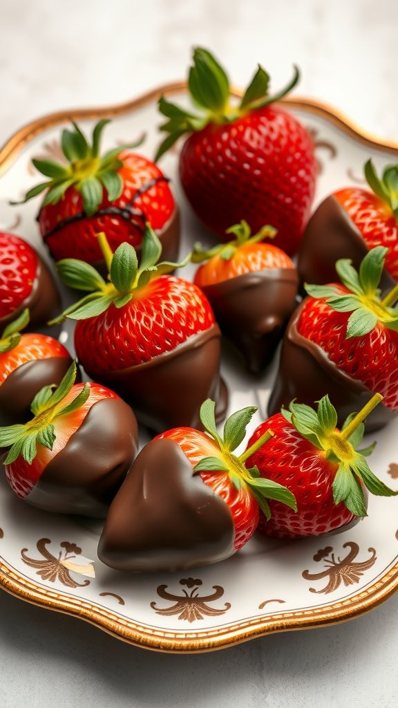 29 Delightful Mini Desserts Perfect for Weddings A plate of chocolate-dipped strawberries decorated elegantly.
